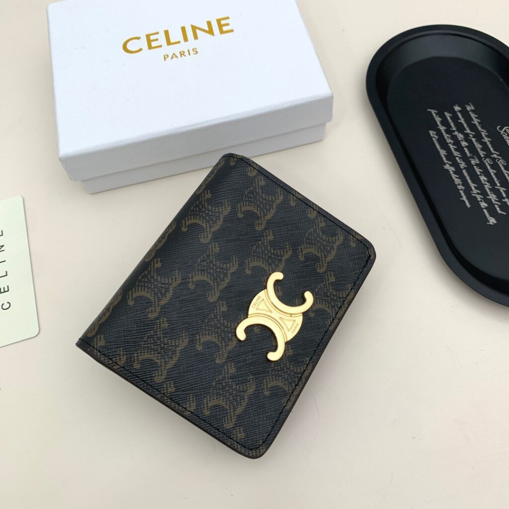 Celine Triomphe Gold Canvas Card Holder editorial product context 2