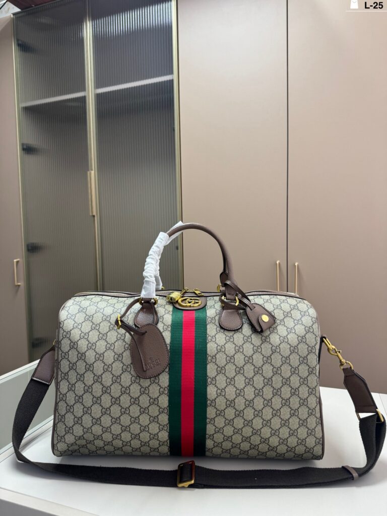 Gucci Gg Supreme Duffle Travel Medium Beige Leather Bag editorial product context 1