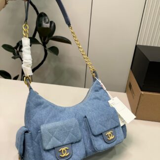 Chanel Denim Hobo color-blue material-denim Bag Bags