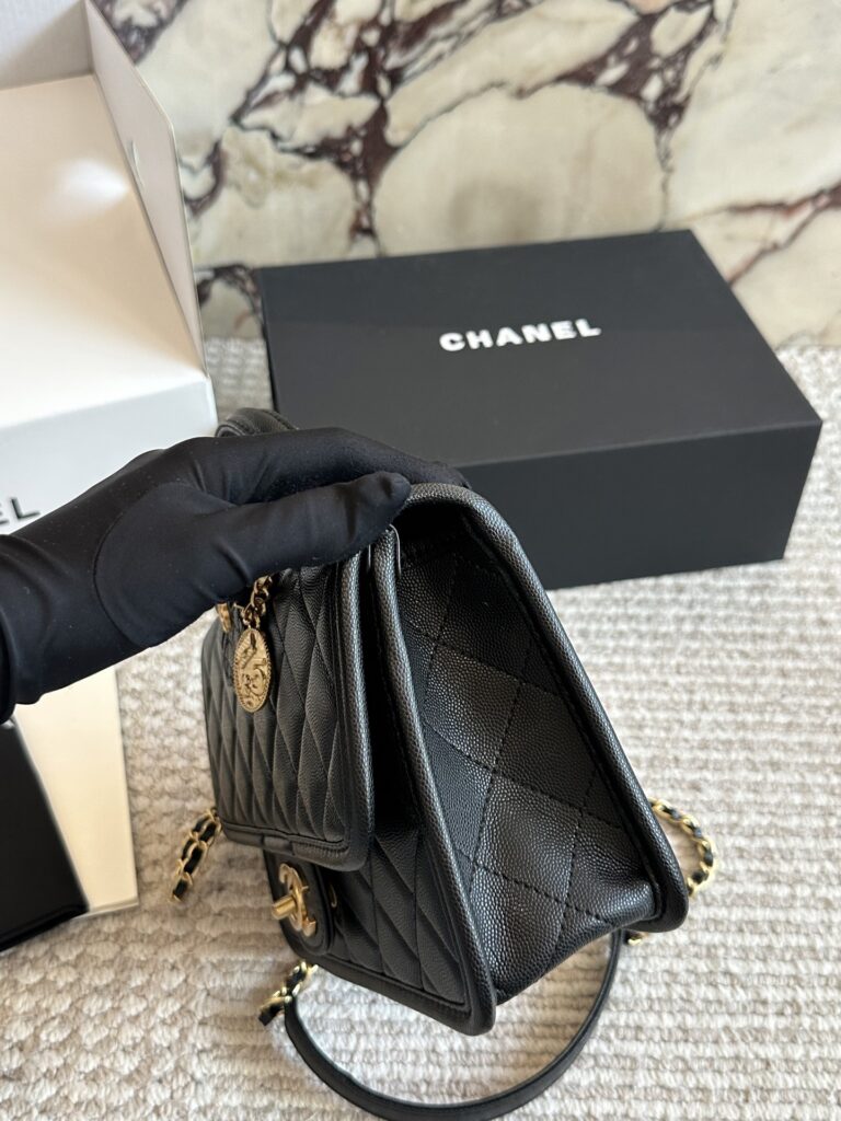 Chanel 25 Material Hardware Gold Small Black Calfskin Leather Clutch editorial product context 3